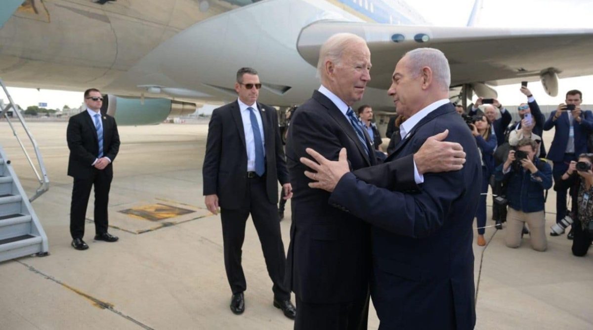 President Joe Biden and Prime Minister Benjamin Netanyahu embrace on the tarmac at ben Gurion Airport, Oct. 18, 2023. 