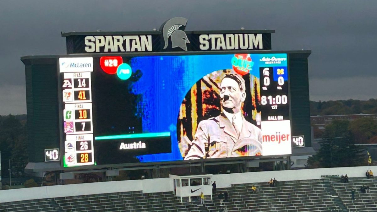 Michigan State University displayed an image of Adolf Hitler as part of a trivia quiz prior to a football game, Oct. 21, 2023. 
