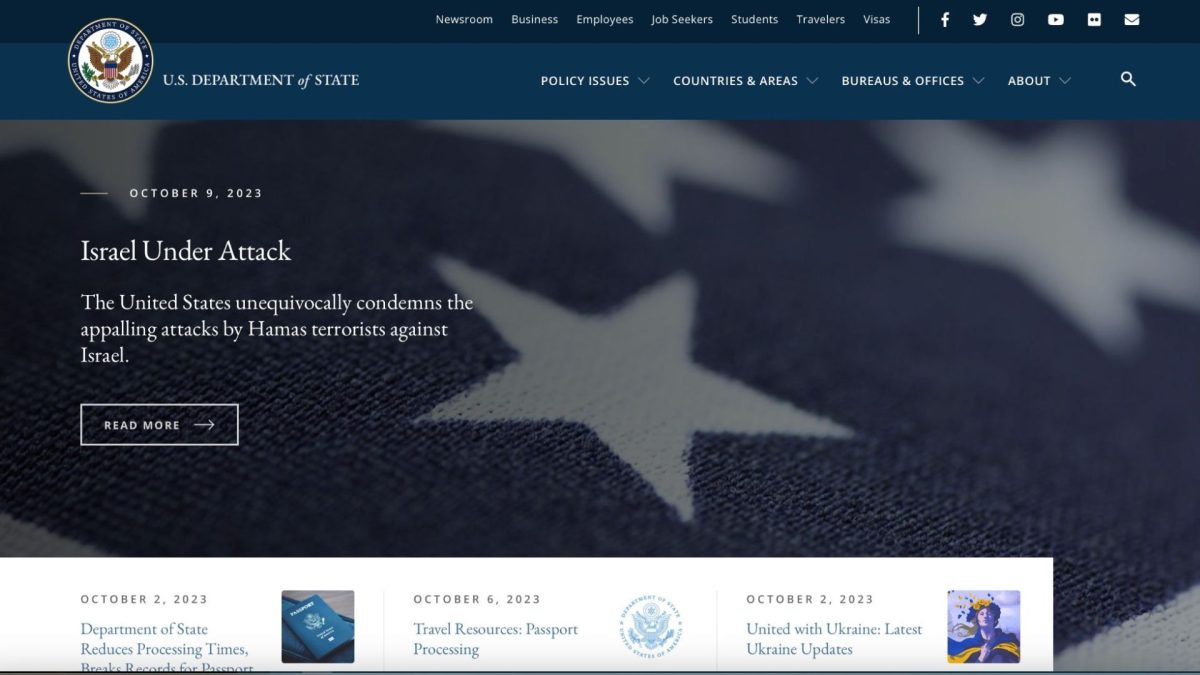 The front page of the State Department website on Oct. 9, 2023. (Screenshot)