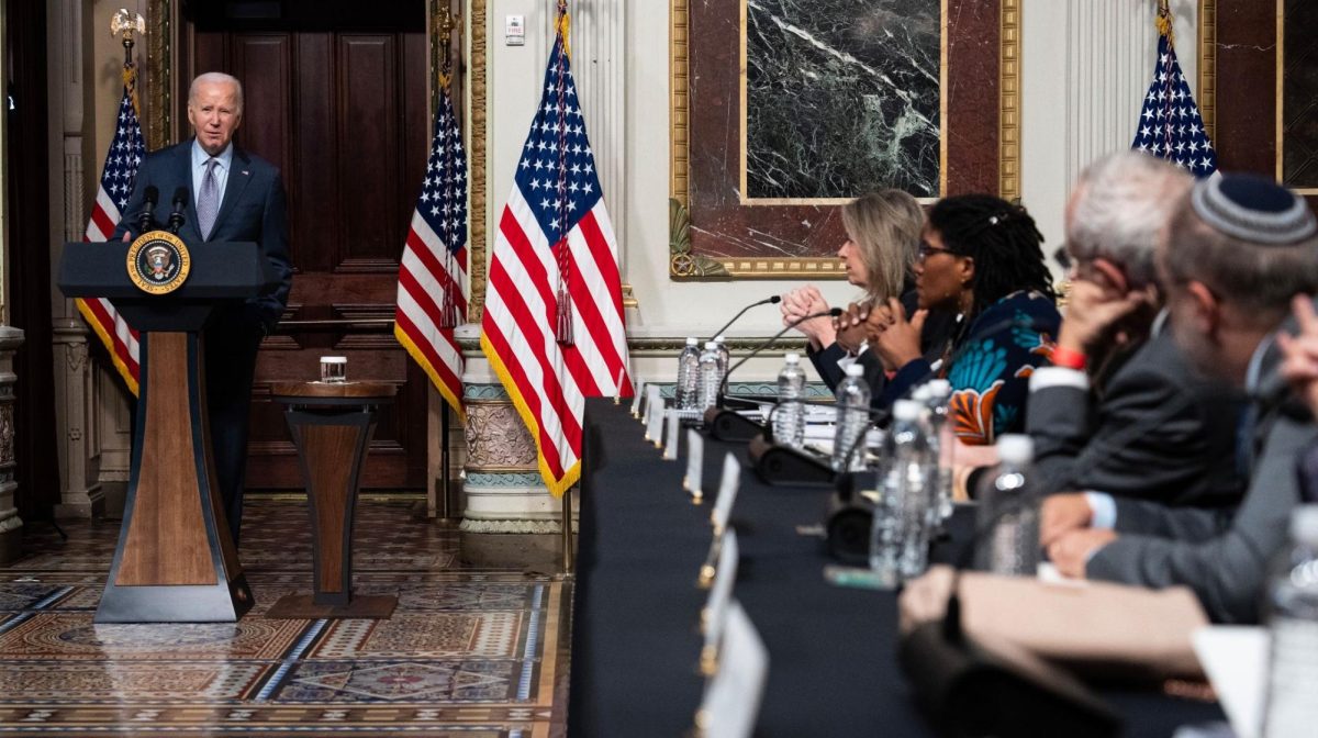 President Joe Biden speaks during a roundtable with Jewish community leaders in the Indian Treaty Room of the Eisenhower Executive Office Building, next to the White House, Oct. 11, 2023. 