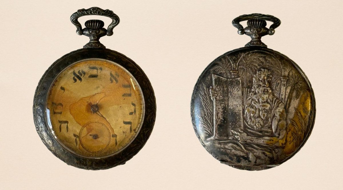 A front and back view of a pocket watch belonging to Jewish Titanic passenger Sinai Kantor, with salt water stains showing approximately when the ship sank. 