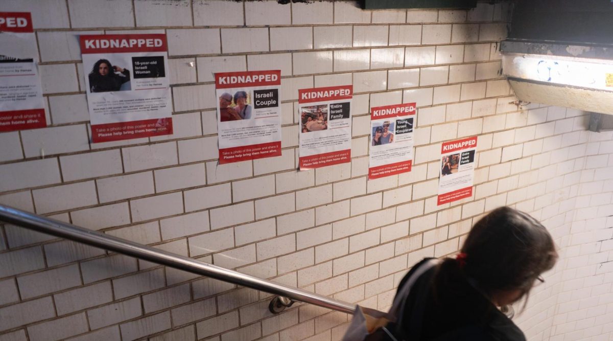 Posters of Israeli hostages in New York Citys Union Square subway station, October 16, 2023. 
