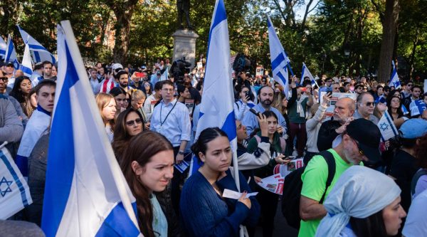 Jewish students and supporters rally near New York University in Washington Square Park, Oct. 26, 2023. 
