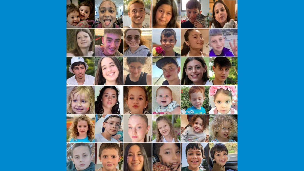 A picture collage of the 40 Israeli schoolchildren under the age of 18 being held by Hamas in Gaza. Source: X.