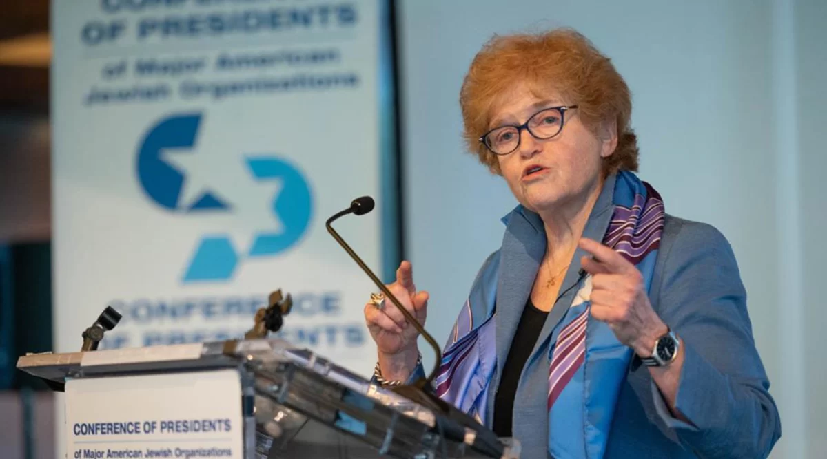 Deborah Lipstadt speaks at a conference arranged by the Conference of Presidents of Major American Jewish Organizations at the Museum of Jewish Heritage in New York, May 26, 2022. (Shahar Azran)