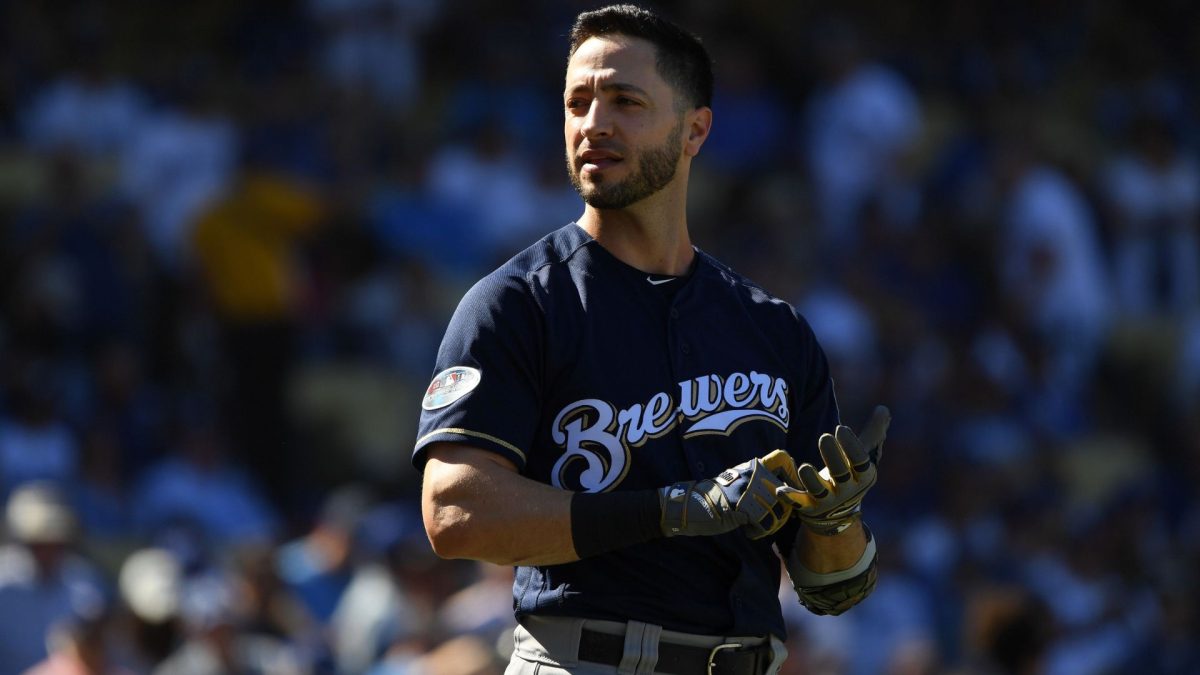 Ryan Braun looks on prior to Game Five of the 2018 National League Championship Series against the Los Angeles Dodgers at Dodger Stadium in Los Angeles, Oct. 17, 2018. 