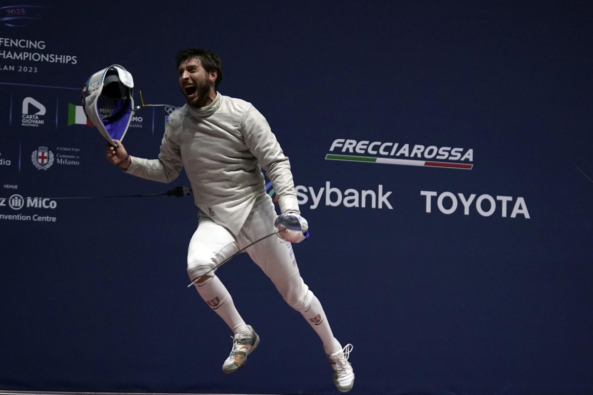 Eli Dershwitz celebrates after winning the sabre men's senior individual semifinal during the Fencing World Championships in Milan, Italy, July 25, 2023 