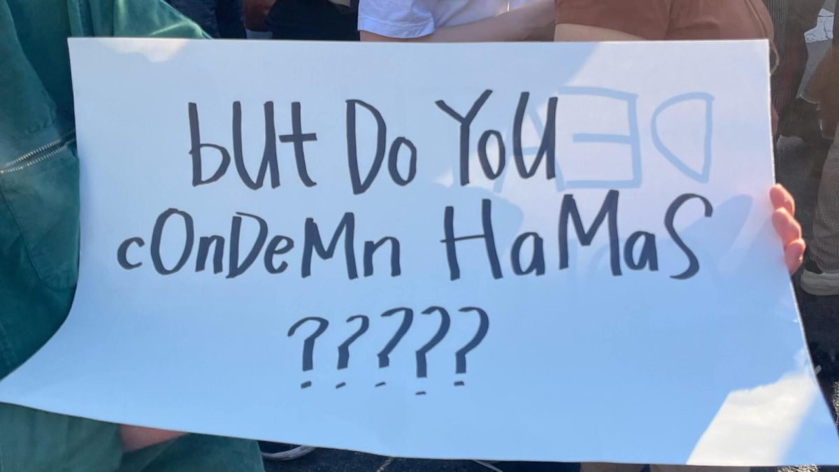 At a pro-Palestine march, a woman carries a sign asking, ‘But do you condemn Hamas?’ 