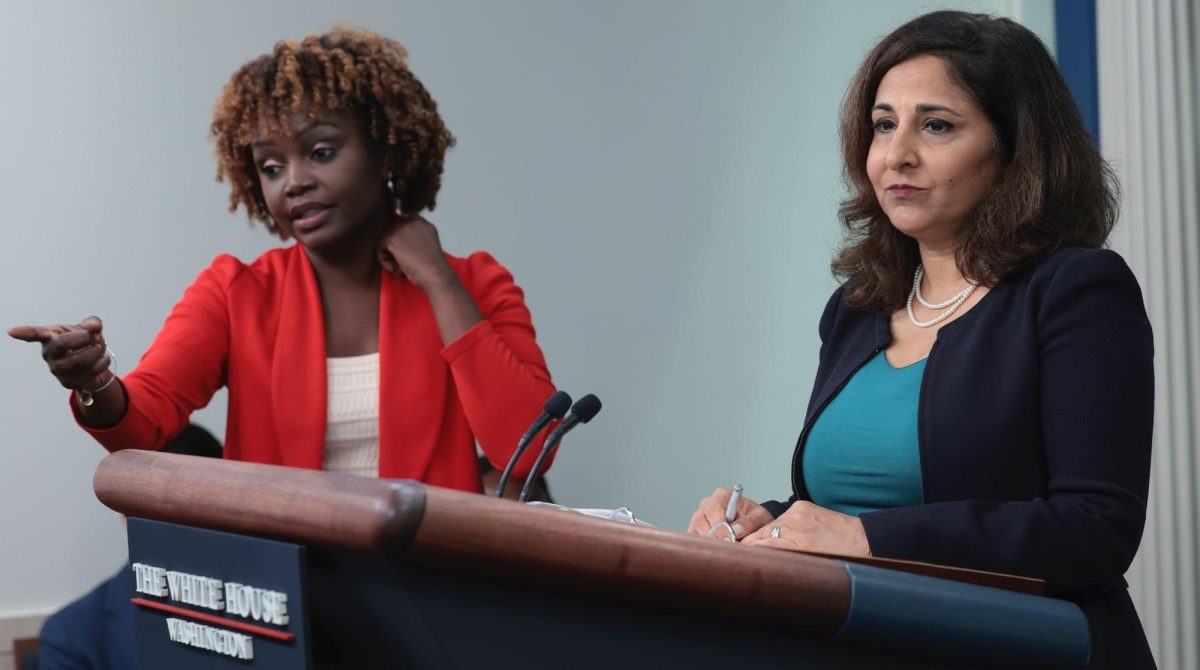 White House press secretary Karine Jean-Pierre, left, and Domestic Policy Advisor Neera Tanden, right, answer questions during the daily press briefing at the White House, Aug. 29, 2023. 