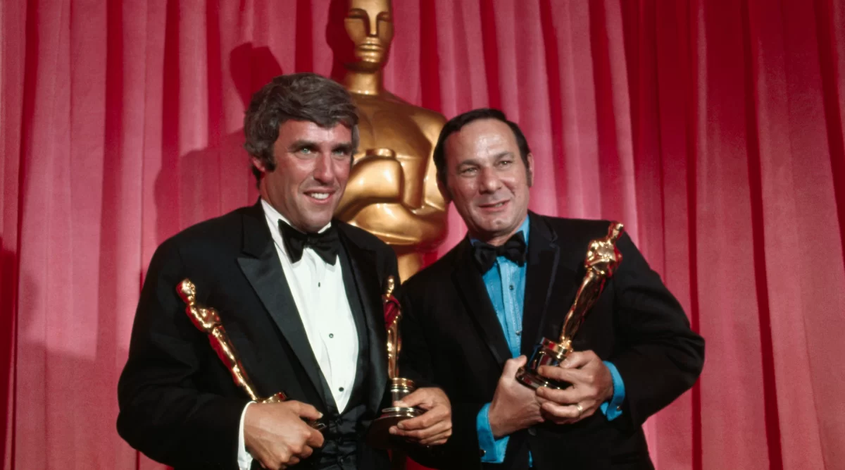 Composer Burt Bacharach (left) and lyricist Hal David hold Oscars they won for “Raindrops Keep Falling on My Head” from “Butch Cassidy and the Sundance Kid,” at the Academy Awards, April 7, 1970. 