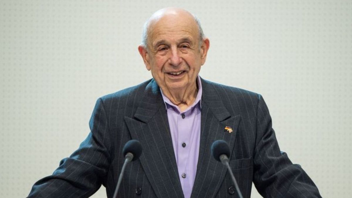 Guy Stern, who escaped Germany in the run-up to the Holocaust, speaks to a group of lawmakers in Hanover, Germany, May 14, 2019. 