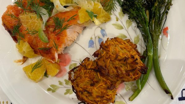 Margi Lenga Kahn’s Roasted Salmon with Pepper Jelly and Fresh Oranges and Crisp Oven-Baked Latkes. 