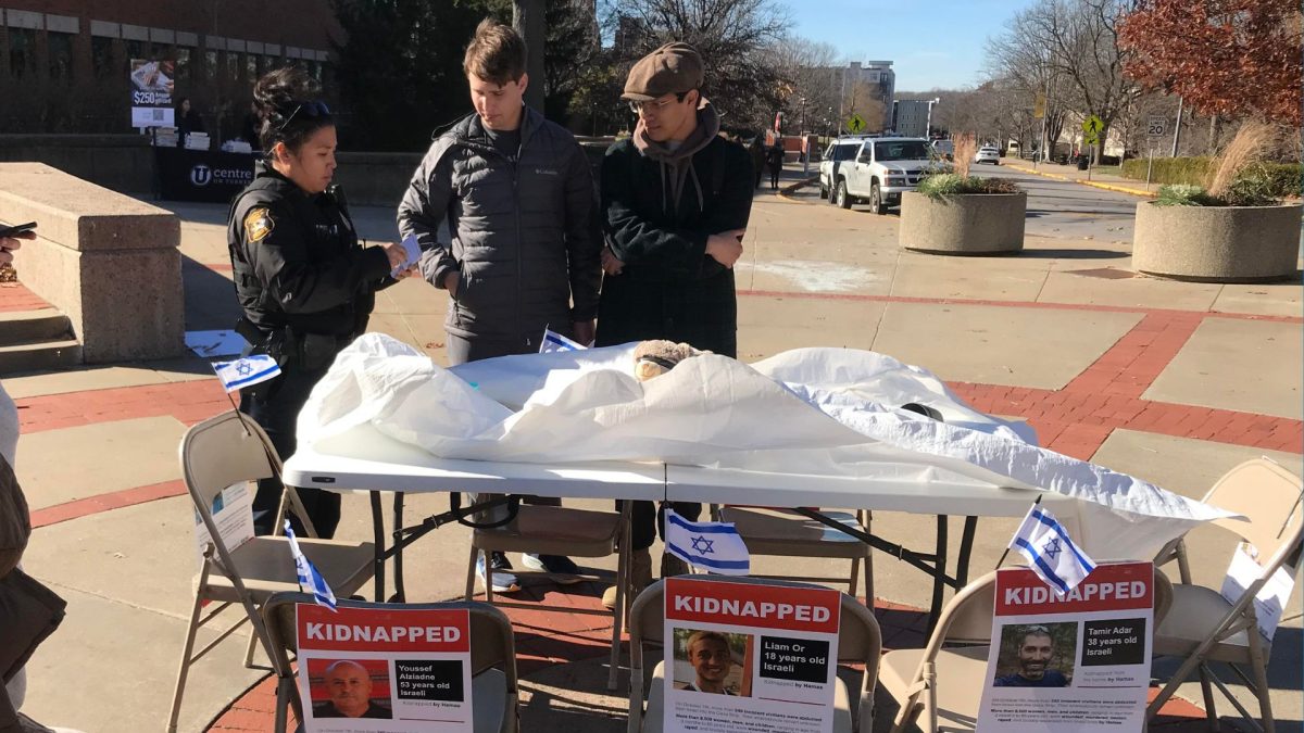 Jewish students on the campus of the University of Missouri talk to police after a Shabbat Table was vandalized on campus. 