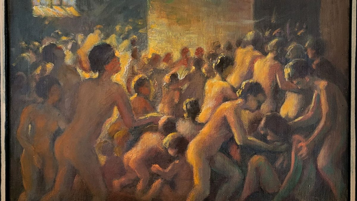 Victims of the Gas Chambers of Auschwitz-Birkenau in Poland. 1945 oil painting by David Friedmann, from his series, Because They Were Jews! Brausebad means shower bath but this was a gas chamber. Copyright ©1989 Miriam Friedman Morris