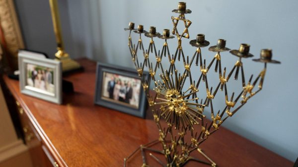 A menorah sits on the mantle of the Second Gentleman’s office, Wednesday, December 6, 2023, in the Indian Treaty Room of the Eisenhower Executive Office Building at the White House.