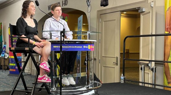 Ethan Smith participates in a live broadcast to fellow teens at the BBYO convention in Orlando, Florida, Feb. 16, 2024. 