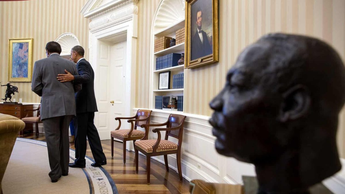 Clarence B. Jones, a visiting professor at the University of San Francisco and scholar writer in residence for the Martin Luther King Jr. Research & Education Institute, with former President Barack Obama meets in the Oval Office of the White House on Feb. 2, 2015. Jones worked with King on the “I Have a Dream” speech. 