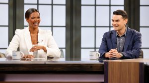 Political commentators Candace Owens and Ben Shapiro are seen on set during a taping of Candace on March 17, 2021 in Nashville, Tennessee. 