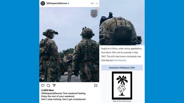 A photo posted to the Instagram page of the 20th Special Forces Group shows a service member, right, with a helmet patch that appears to depict a Nazi SS Totenkopf. (Screenshot via Twitter)