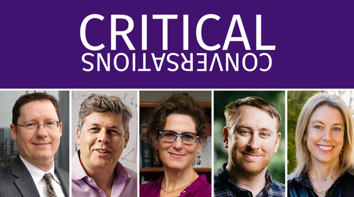 Dean Bell, Oren Etzioni, Ellen Goodman, David Zvi Kalman, and Orly Lobel, left to right, will be speaking at Spertus Institute's Critical Conversations event, March 17, 2024. (Spertus)