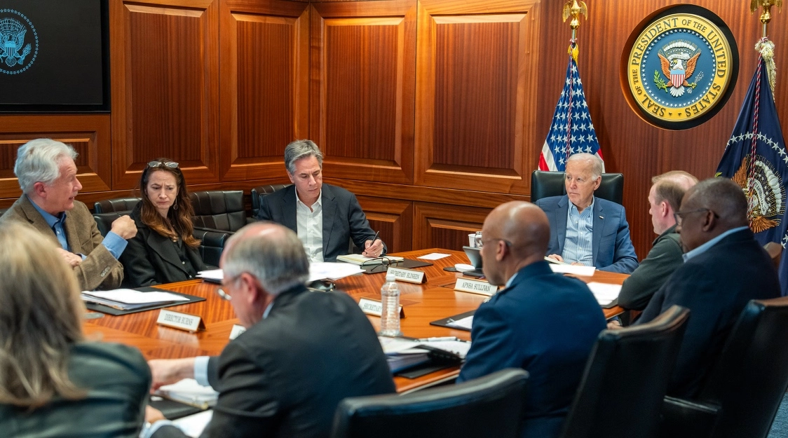 President Joe Biden meets with his top Cabinet and National Security officials to discuss Irans attacks on Israel, at the White House, April 13, 2024. (White House)