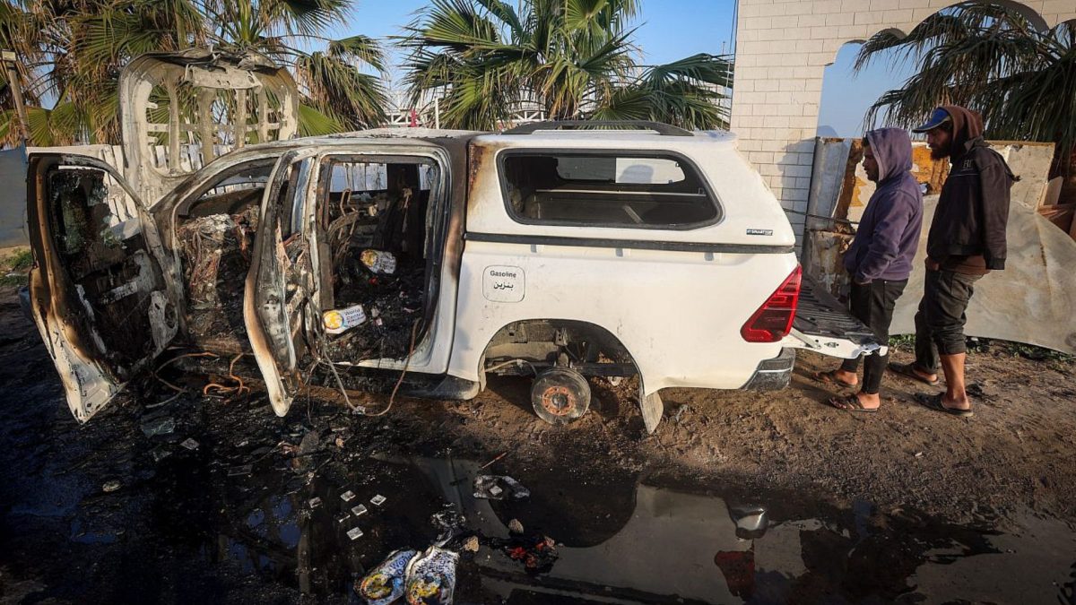 Palestinians inspect a car of the World Central Kitchen aid organization that was hit by an Israeli airstrike, in Deir al-Balah, the Gaza Strip, April 2, 2024. Photo by Atia Mohammed/Flash90.