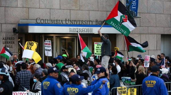 Anti-Israel activists protest outside Columbia University in New York City on April 20, 2024. (Photo by Leonardo Munoz / AFP) (Photo by LEONARDO MUNOZ/AFP via Getty Images)