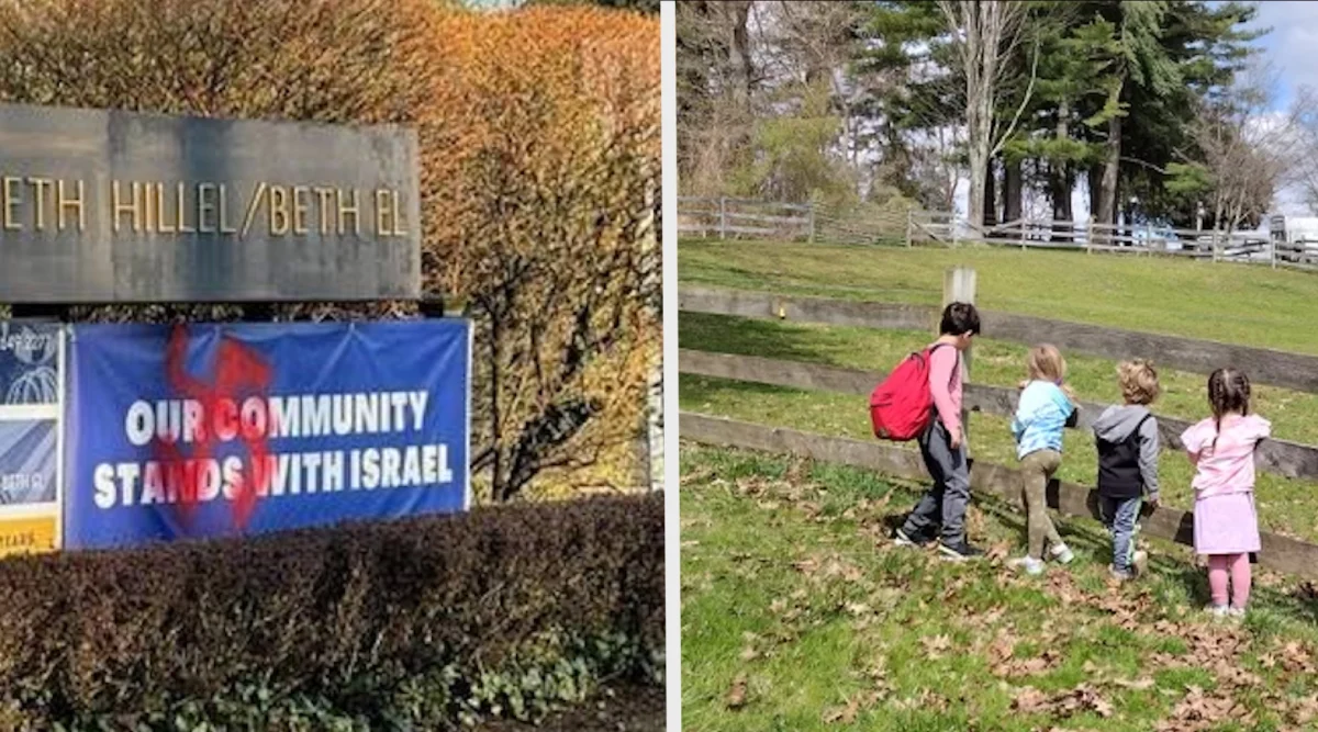 After their familys synagogue was the target of antisemitic graffiti, Erin Beser took her children on a planned hike. A meaningful conversation ensued. (Synagogue picture courtesy Jada Eldrich; picture at right courtesy Erin Beser)