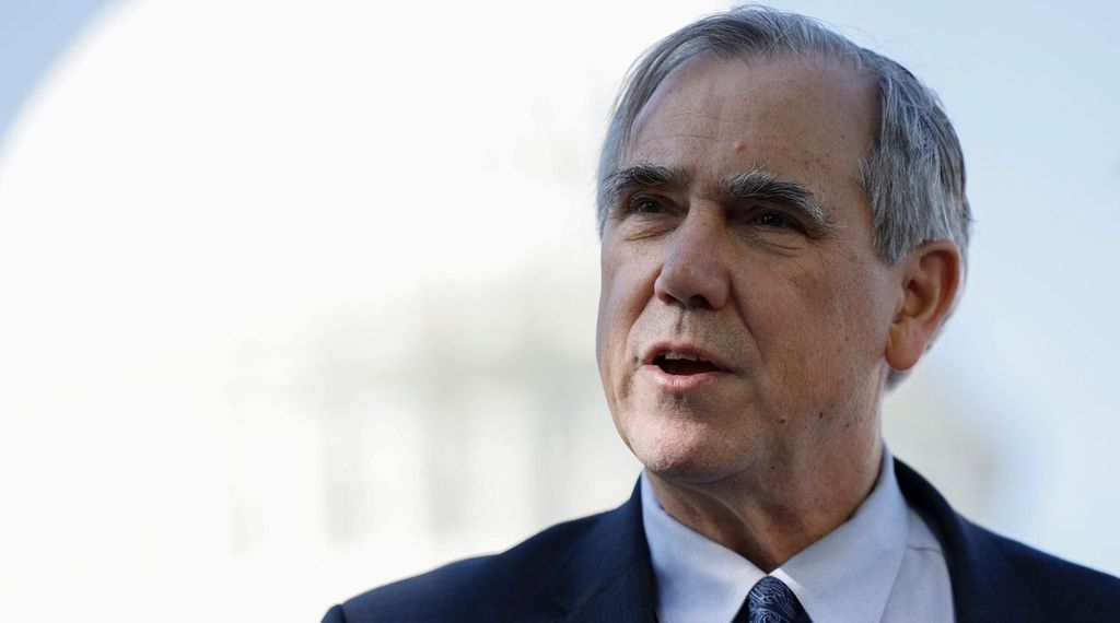 Sen. Jeff Merkley, an Oregon Democrat, speaks at a press conference on the introduction of the Senate ETHICS Act outside of the U.S. Capitol Building, April 18, 2023. (Anna Moneymaker/Getty Images)