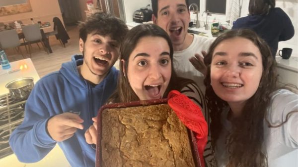 Yehonatan, Naama, Or and Ofer behind the scenes with their cake while filming their first Taste of Memories recipe video.