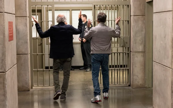 Larry David and Jerry Seinfeld exit jail in the final episode of Curb Your Enthusiasm, which revised the ending of the Jewish comedy duos previous series Seinfeld. (Max)