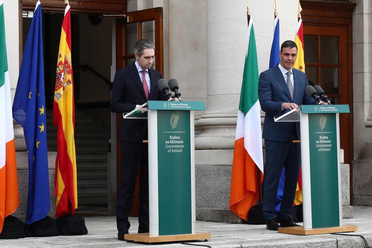 Spanish President Pedro Sanchez (R) and the prime minister of Ireland, Simon Harris together speak after an April meeting in Dublin in which they expressed their willingness to endorse a Palestinian state. (Moncloa via Getty Images)