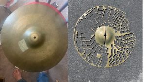 Robert Koritzs childhood cymbal, before and after it was turned into jewerly. 