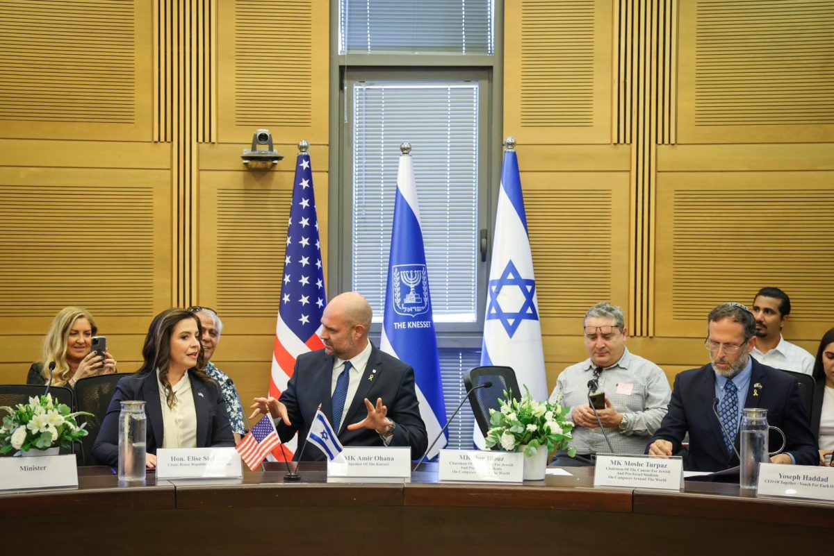 New York Rep. Elise Stefanik, a Republican, chats with Knesset Speaker Amir Ohana in the Knesset, Jerusalem, May 19, 2024. (Noam Moskowitz | Knesset Press Office)