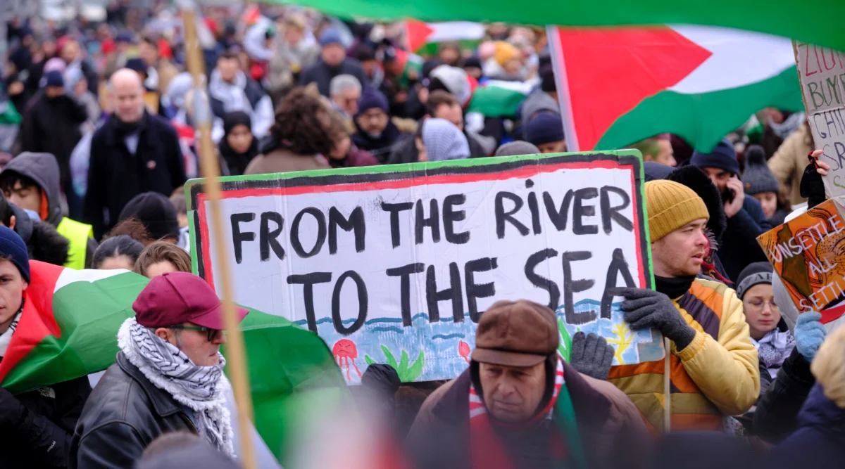 A sign reading From the river to the sea can be seen in a pro-Palestinian demonstration in Brussels, Belgium, Jan. 21, 2024 (Thierry Monasse/Getty Images)