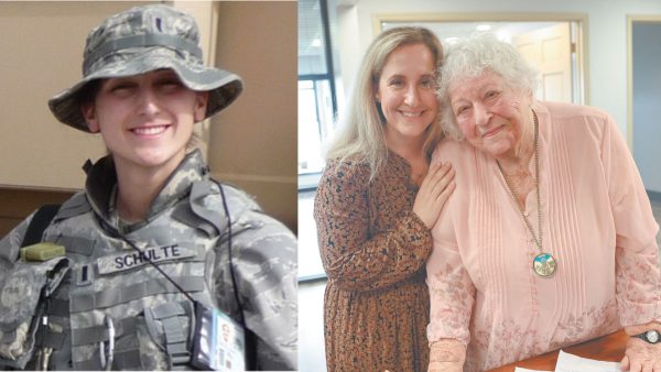 (L) Air Force 1st Lt. Roslyn Schulte was killed in Afghanistan in 2009. (R) U.S. Army 1st Lt. Emily Crews shares a hug with her grandmother, Elsie Shemin Roth. 