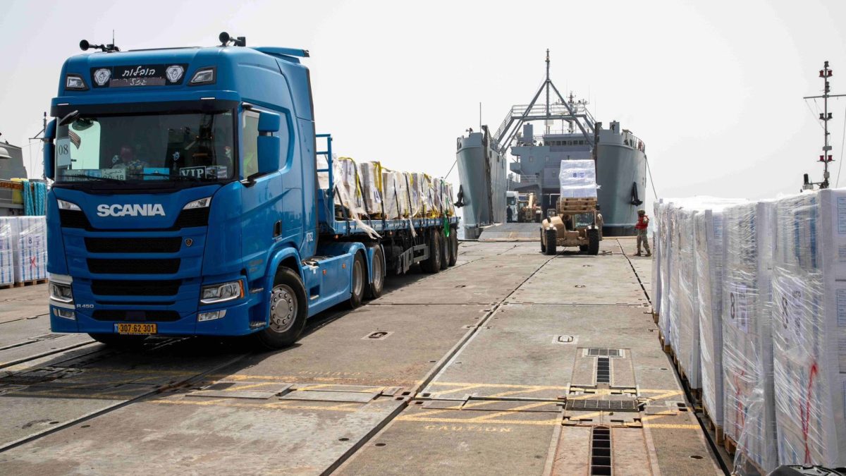 Humanitarian aid delivered to Palestinians via the temporary pier in Gaza, May 2024. Credit: U.S. Central Command.


