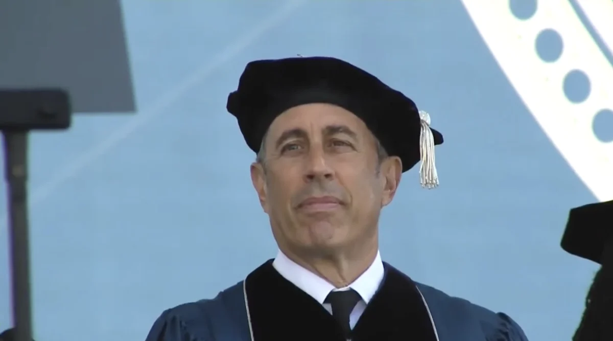 Jerry Seinfeld appears at Duke University in Durham, North Carolina, as he received an honorary degree and delivered the commencement address, May 12, 2024. (Screenshot from livestream)