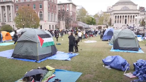 Pro-Hamas protesters set up tents on the campus of Columbia University in New York City, April 2024. Source: YouTube screenshot.
