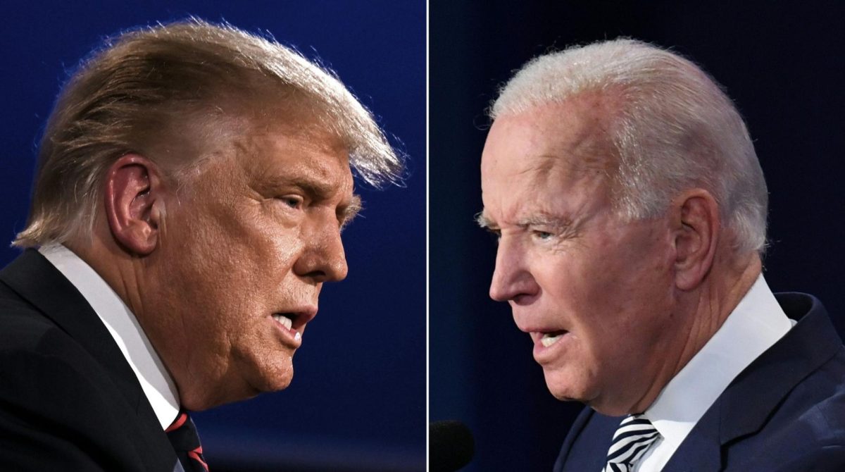 This combination of pictures created on September 29, 2020 shows Donald Trump  and Joe Biden squaring off during the first presidential debate at the Case Western Reserve University and Cleveland Clinic in Cleveland, Ohio, Sept. 29, 2020. 