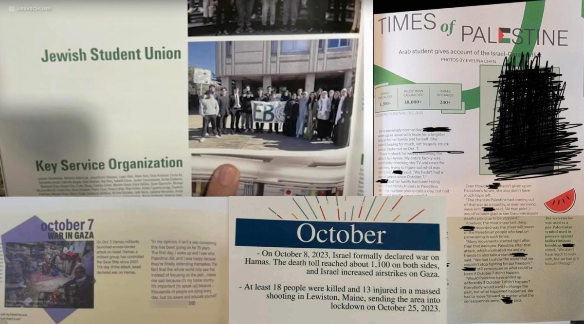 (Clockwise from top left) High school yearbooks in East Brunswick, New Jersey; Bellaire, Texas; St. Louis Park, Minnesota; and Glenview, Illinois went to press during the 2023-24 school year with material that Jews said was antisemitic or insensitive, ranging from the swapping out of a Jewish student group photo with a Muslim group, to descriptions of the Israel-Hamas war that avoided the Oct. 7 attacks. (Collage by JTA)
