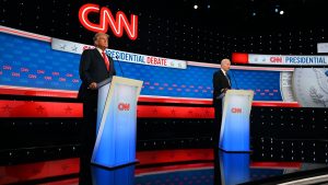  President of the United States Joe Biden and Former President Donald Trump participate in the first Presidential Debate at CNN Studios in Atlanta, June 27, 2024. (Kyle Mazza/Anadolu via Getty Images)