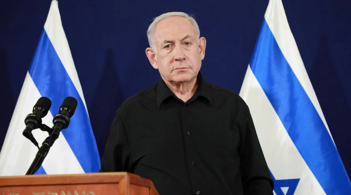 Israeli Prime Minister Benjamin Netanyahu speaks at a press conference on Oct. 28, 2023. (Dana Kopel/Pool)