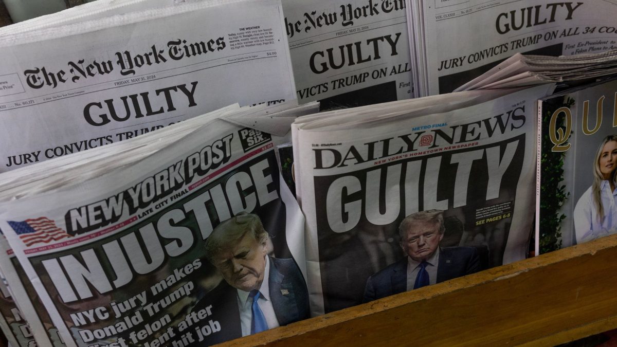 New York Citys daily newspapers have very different headlines the morning after former President Donald Trump was convicted in the hush money trial, May 31, 2024. 
