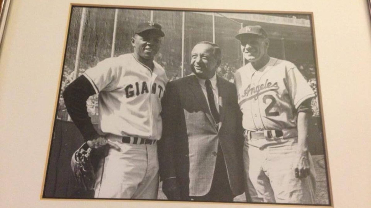 Willie Mays, left, with Jacob Shemano and the Dodgers’ Leo Durocher. Courtesy of Gary Shemano