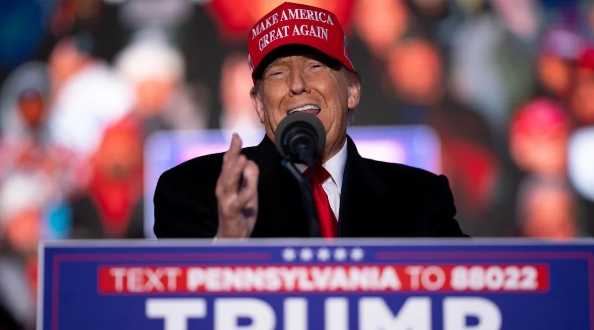 Former U.S. President Donald Trump speaks at a rally outside Schnecksville Fire Hall, in Schnecksville, Pennsylvania, April 13, 2024. (Andrew Harnik/Getty Images)
