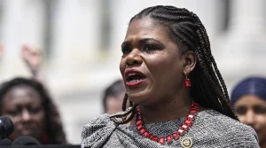 Rep. Cori Bush, a Missouri Democrat, joins university union representatives and  other lawmakers at a press conference to advocate for the protection of free speech on campuses, at the U.S. Capitol, May 23, 2024. (Celal Gunes/Anadolu via Getty Images)