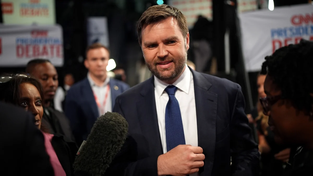 U.S. Sen. J.D. Vance, an Ohio Republican, speaks to reporters in the spin room following the CNN Presidential Debate between U.S. President Joe Biden and Republican presidential candidate, former U.S. President Donald Trump at the McCamish Pavilion on the Georgia Institute of Technology campus, Atlanta, June 27, 2024. (Andrew Harnik/Getty Images)