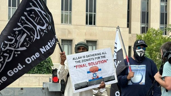 A protester holds up a Hamas flag and a sign invoking the final solution at Union Station near the U.S. Capitol, July 24, 2024. (ADL on X)