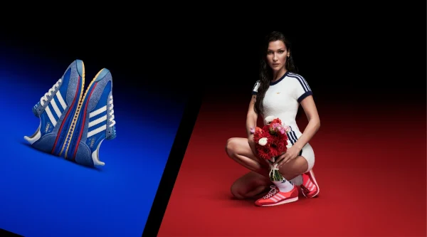 A campaign for Adidas features supermodel Bella Hadid wearing a reissue of sneakers from the 1972 Munich Olympics. (Photos courtesy of Adidas. Design by Jackie Hajdenberg)